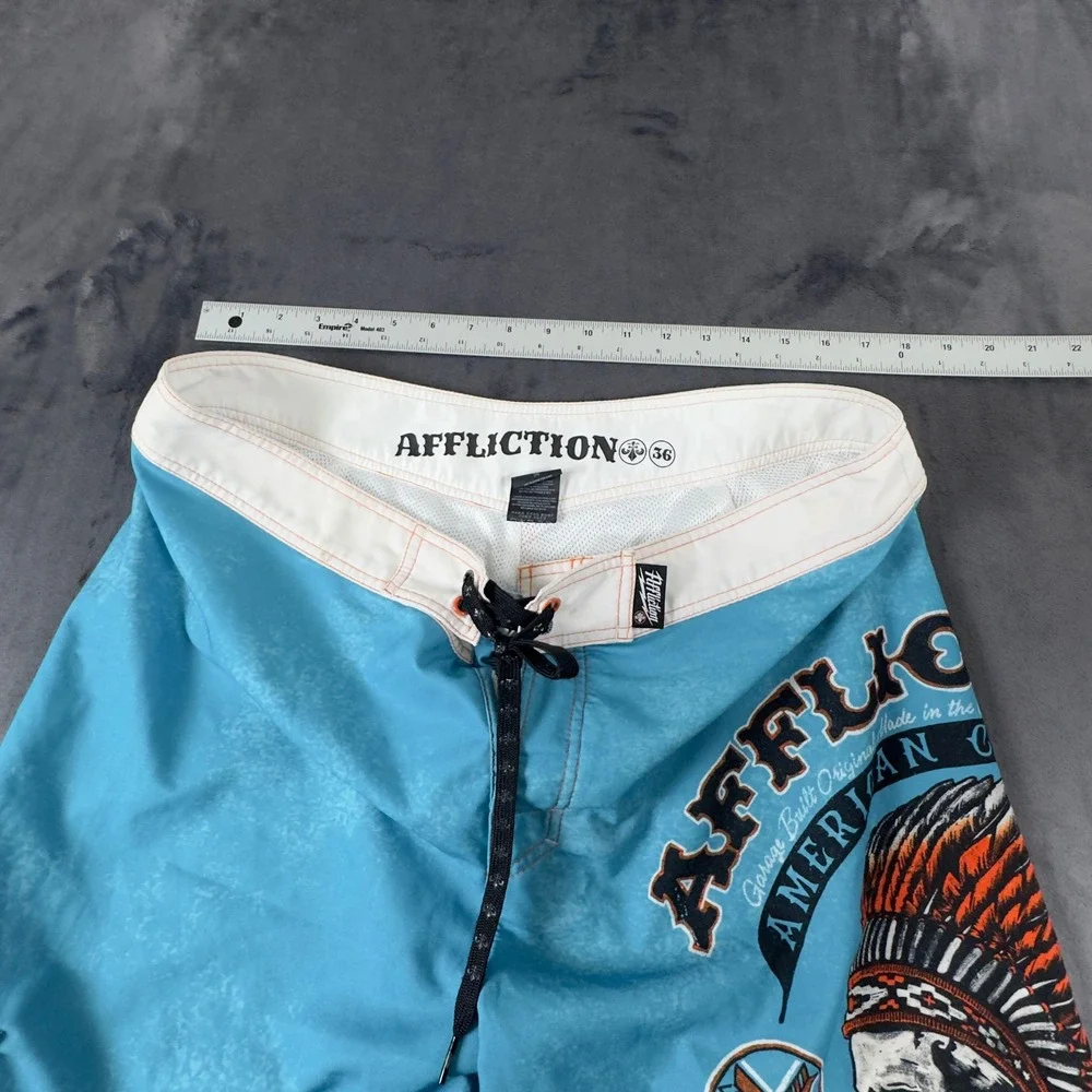Affliction Board Shorts Mens 36 Blue American Customs Skull Graphic 101BS087